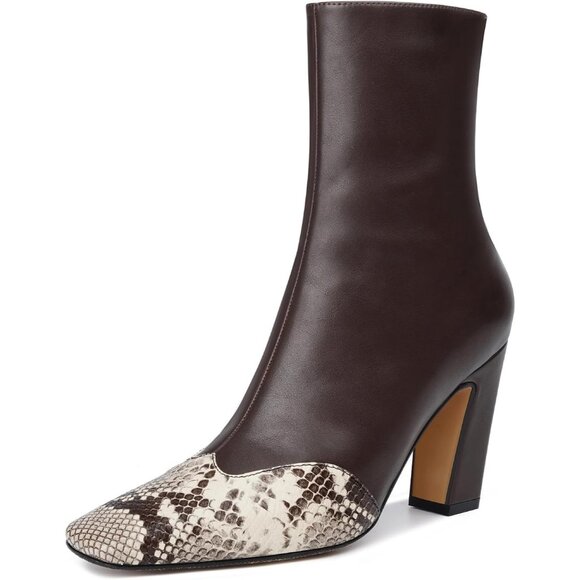 Shoes - Women's Brown Ankle Boots Square Toe High Block Chunky Heel Snakeskin Booties